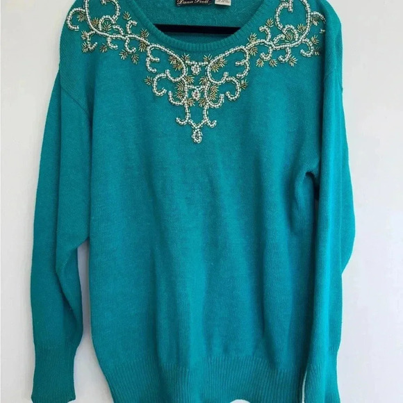 Vintage Teal Beaded Sweater by Dana Scott - Size L - Picture 3 of 9
